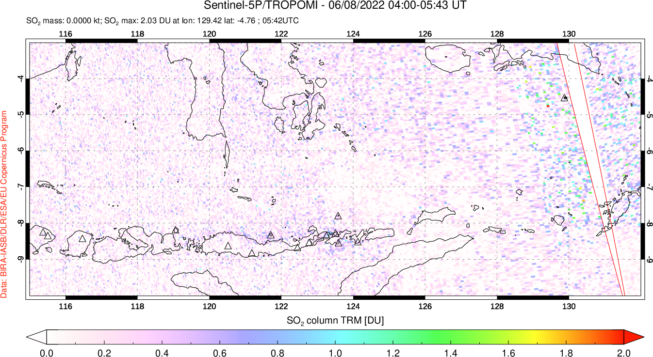 A sulfur dioxide image over Lesser Sunda Islands, Indonesia on Jun 08, 2022.