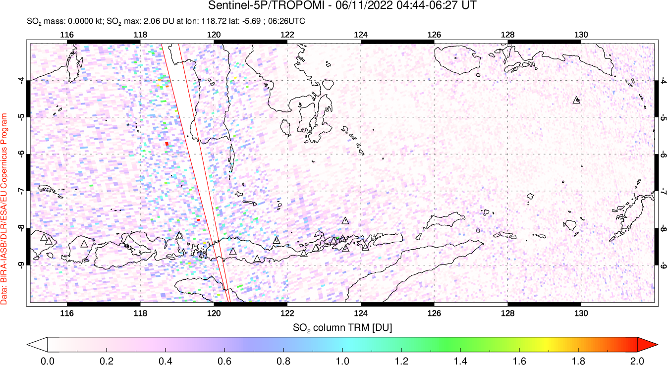 A sulfur dioxide image over Lesser Sunda Islands, Indonesia on Jun 11, 2022.