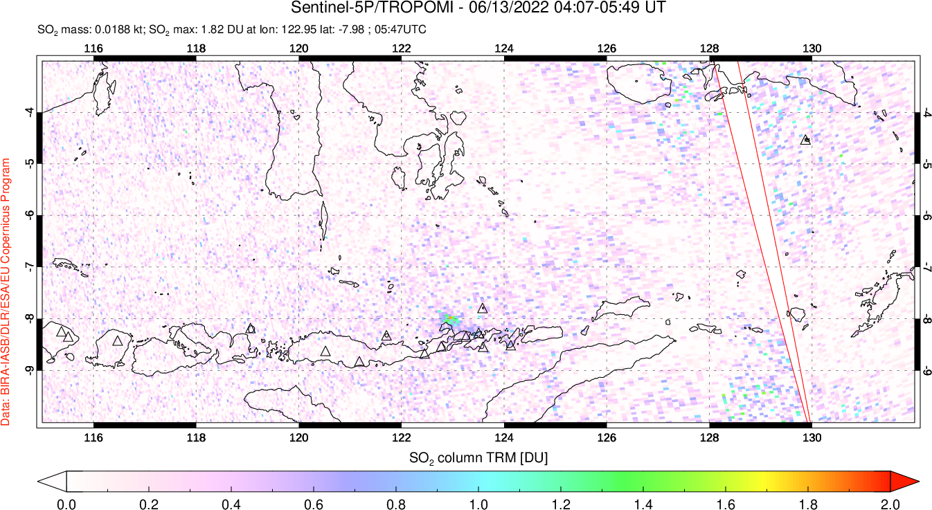 A sulfur dioxide image over Lesser Sunda Islands, Indonesia on Jun 13, 2022.
