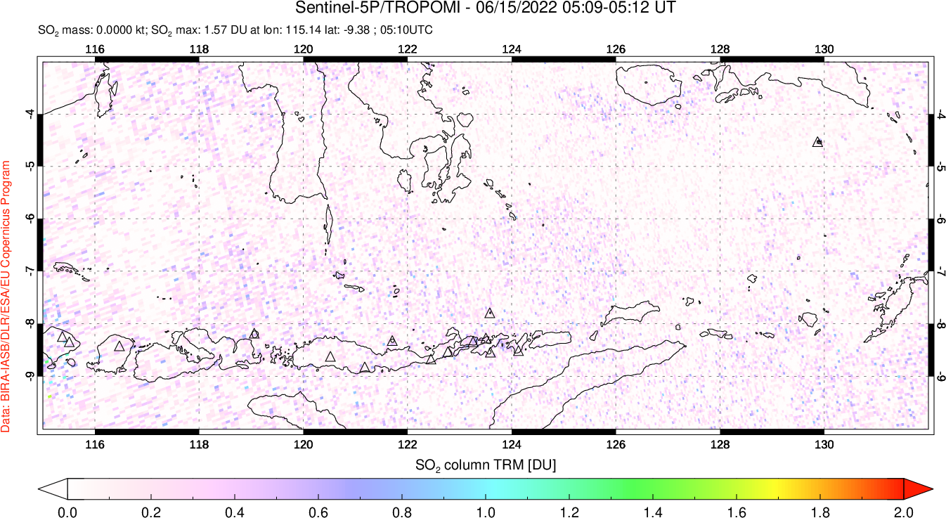 A sulfur dioxide image over Lesser Sunda Islands, Indonesia on Jun 15, 2022.