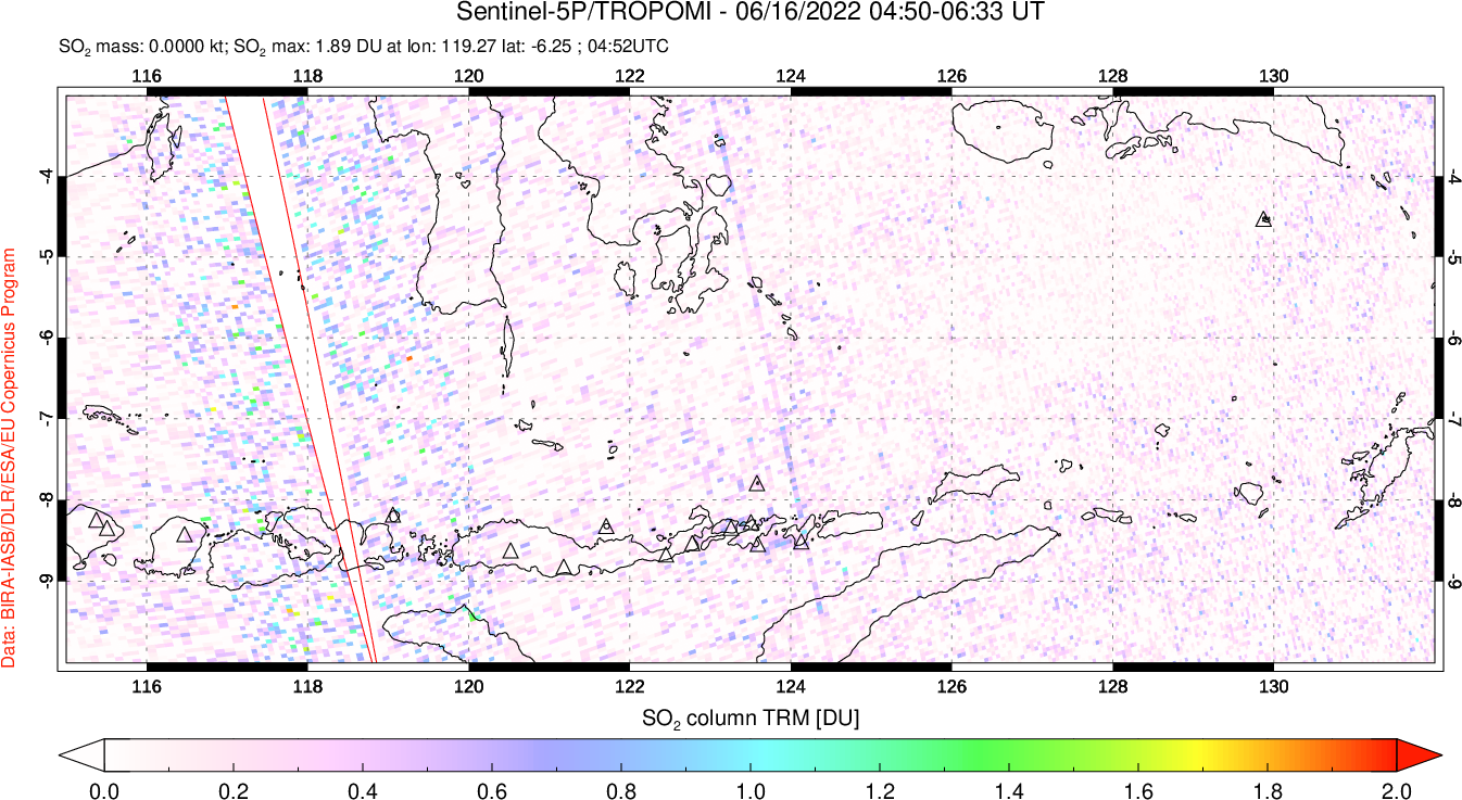 A sulfur dioxide image over Lesser Sunda Islands, Indonesia on Jun 16, 2022.