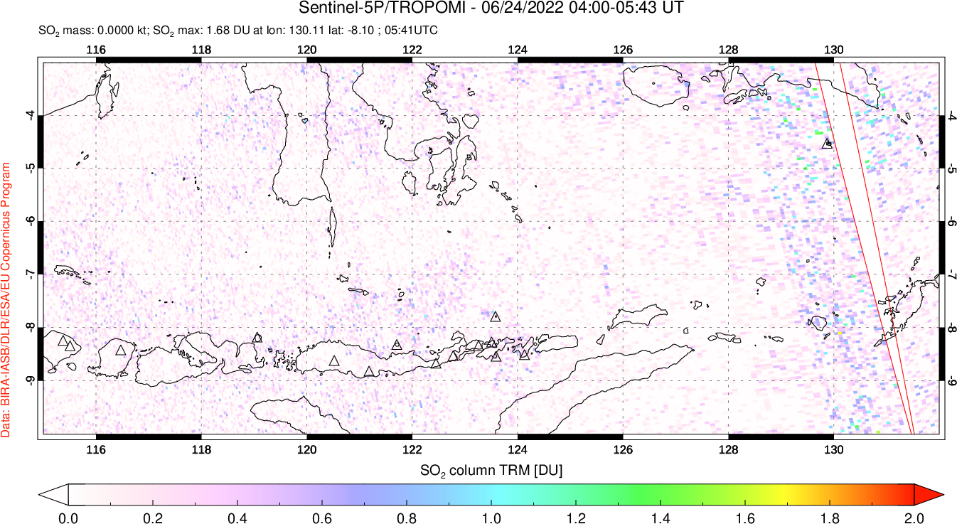 A sulfur dioxide image over Lesser Sunda Islands, Indonesia on Jun 24, 2022.