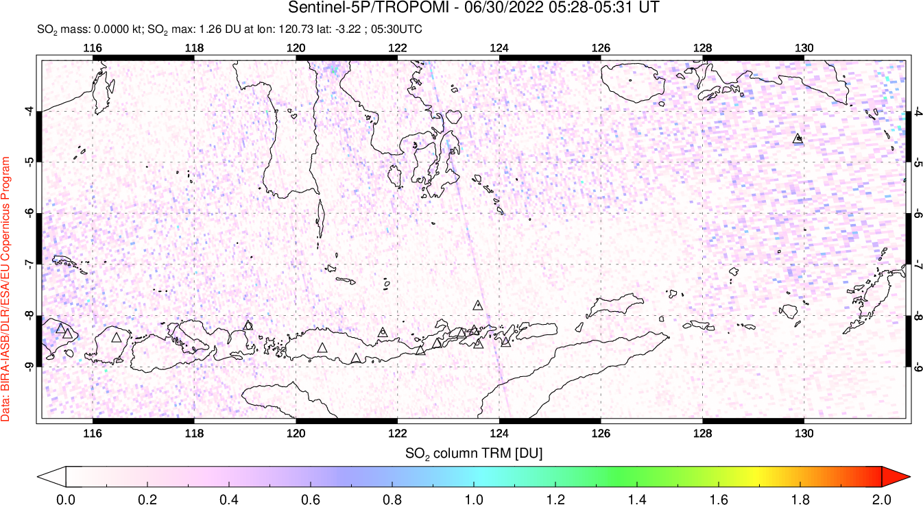 A sulfur dioxide image over Lesser Sunda Islands, Indonesia on Jun 30, 2022.