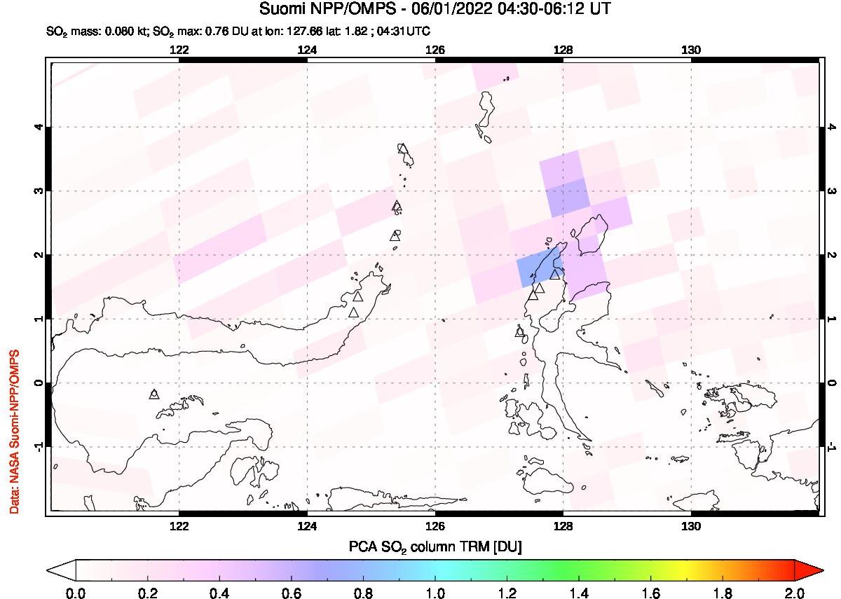 A sulfur dioxide image over Northern Sulawesi & Halmahera, Indonesia on Jun 01, 2022.