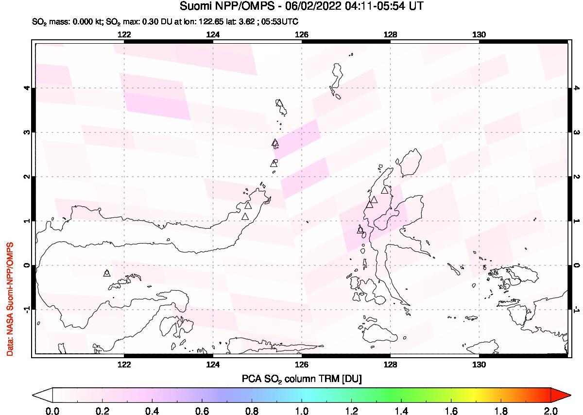 A sulfur dioxide image over Northern Sulawesi & Halmahera, Indonesia on Jun 02, 2022.