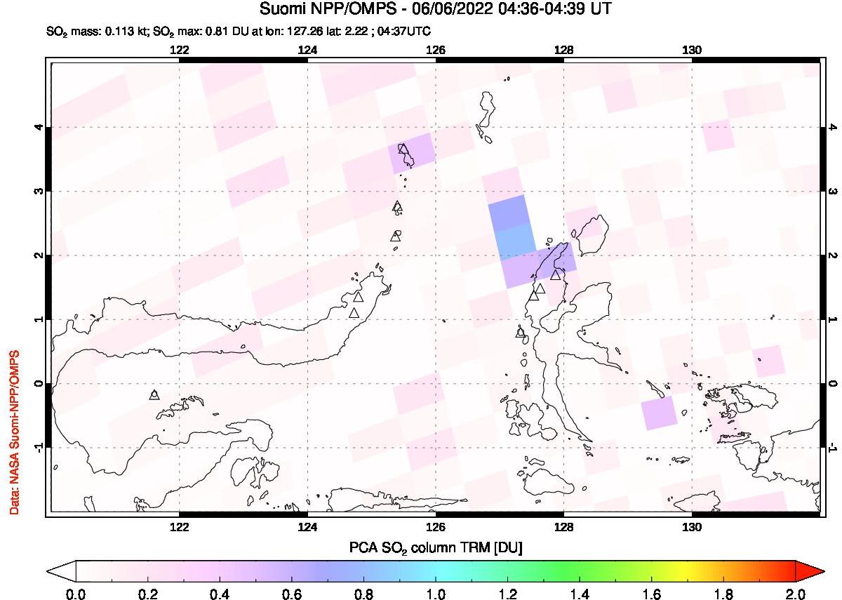 A sulfur dioxide image over Northern Sulawesi & Halmahera, Indonesia on Jun 06, 2022.