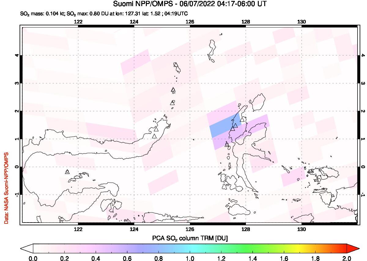 A sulfur dioxide image over Northern Sulawesi & Halmahera, Indonesia on Jun 07, 2022.