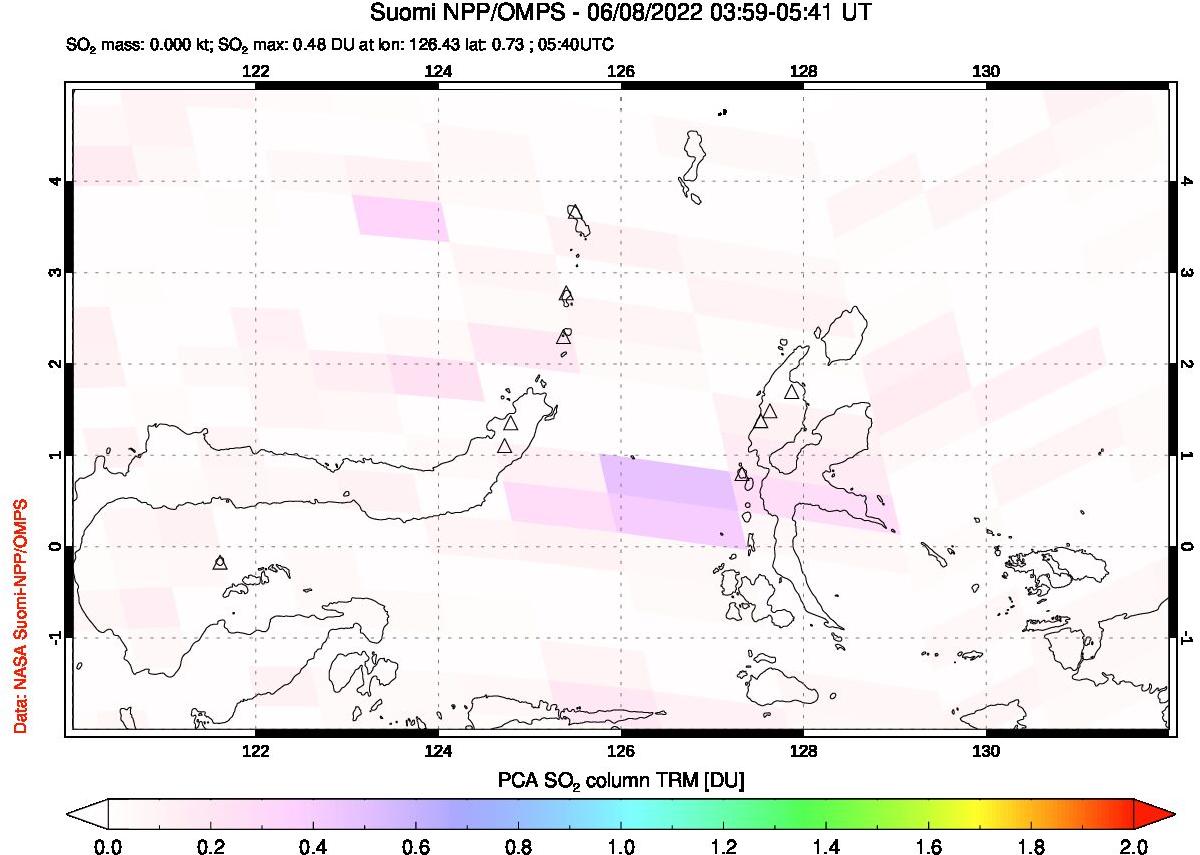 A sulfur dioxide image over Northern Sulawesi & Halmahera, Indonesia on Jun 08, 2022.