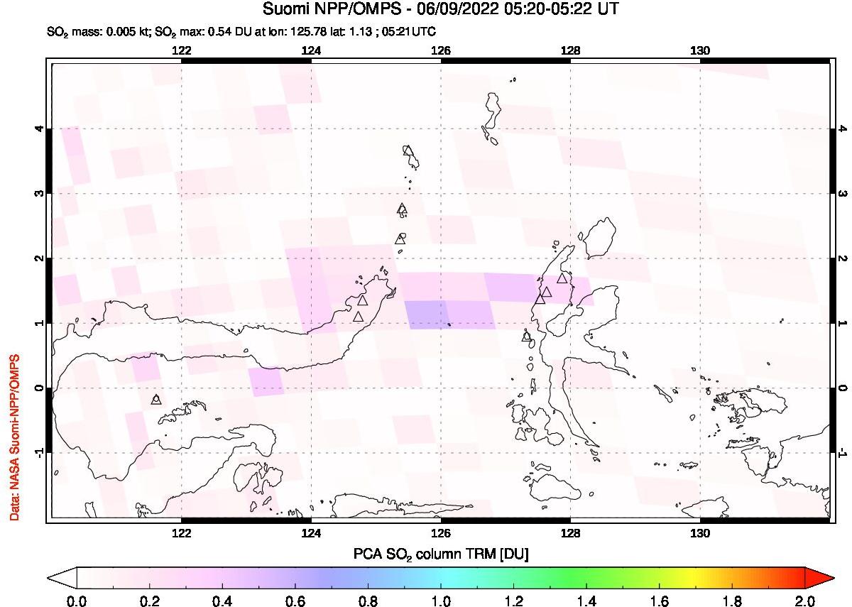 A sulfur dioxide image over Northern Sulawesi & Halmahera, Indonesia on Jun 09, 2022.