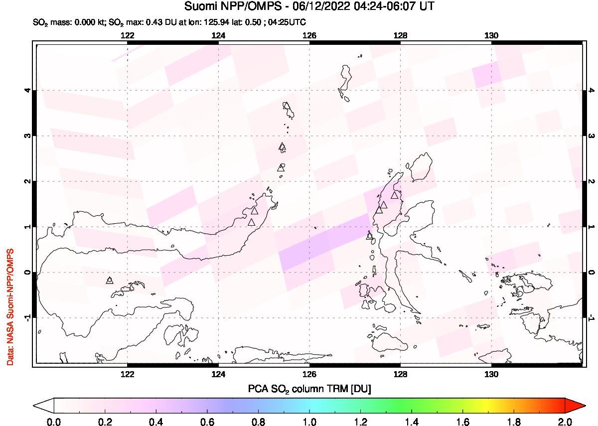 A sulfur dioxide image over Northern Sulawesi & Halmahera, Indonesia on Jun 12, 2022.