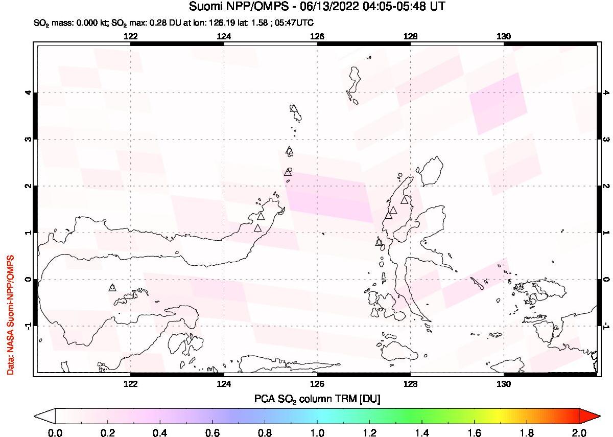 A sulfur dioxide image over Northern Sulawesi & Halmahera, Indonesia on Jun 13, 2022.