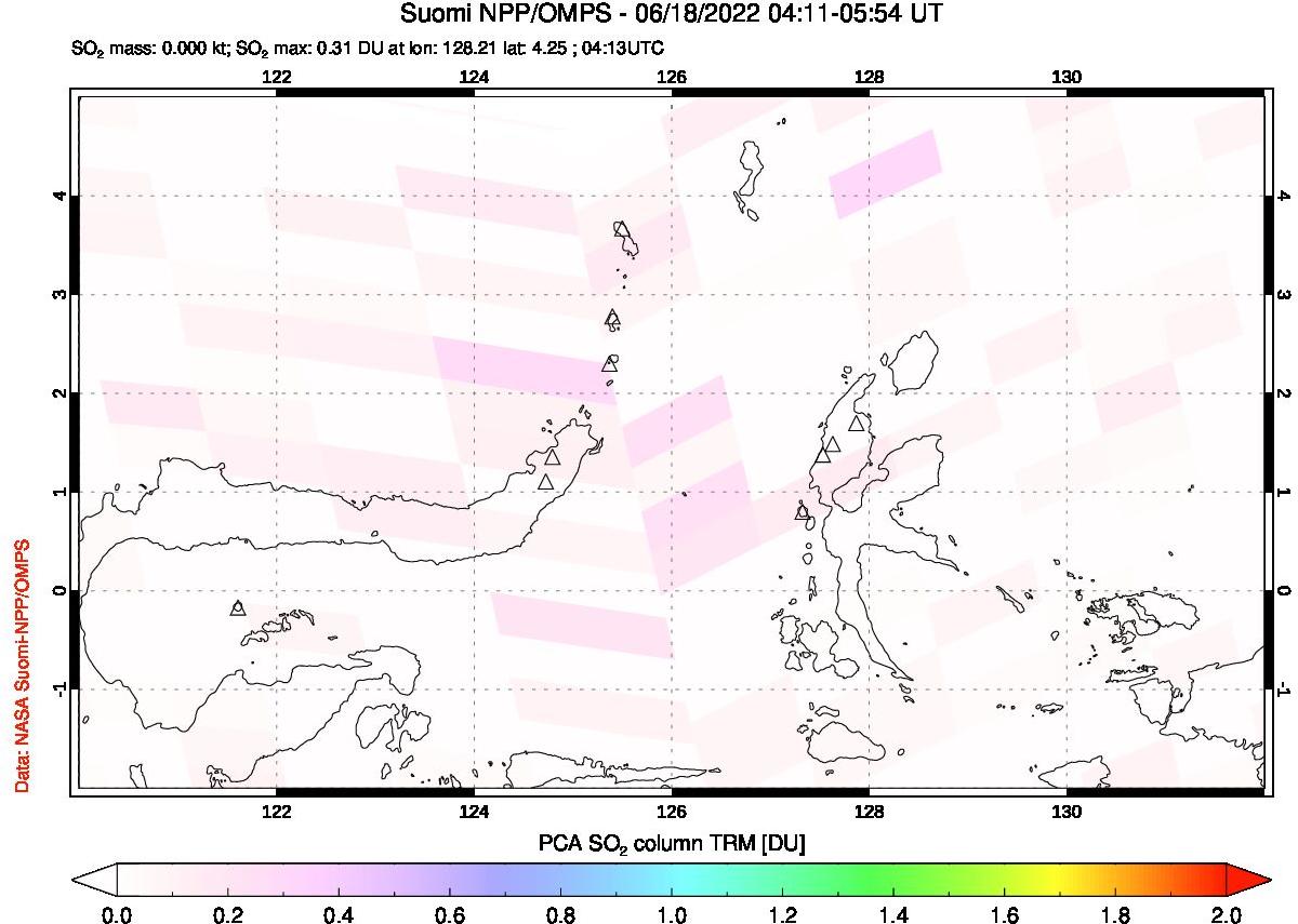 A sulfur dioxide image over Northern Sulawesi & Halmahera, Indonesia on Jun 18, 2022.