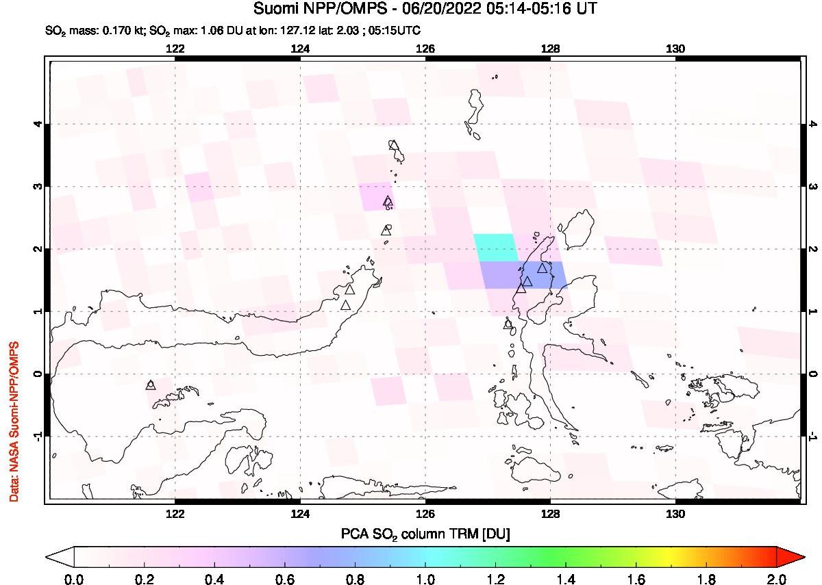 A sulfur dioxide image over Northern Sulawesi & Halmahera, Indonesia on Jun 20, 2022.