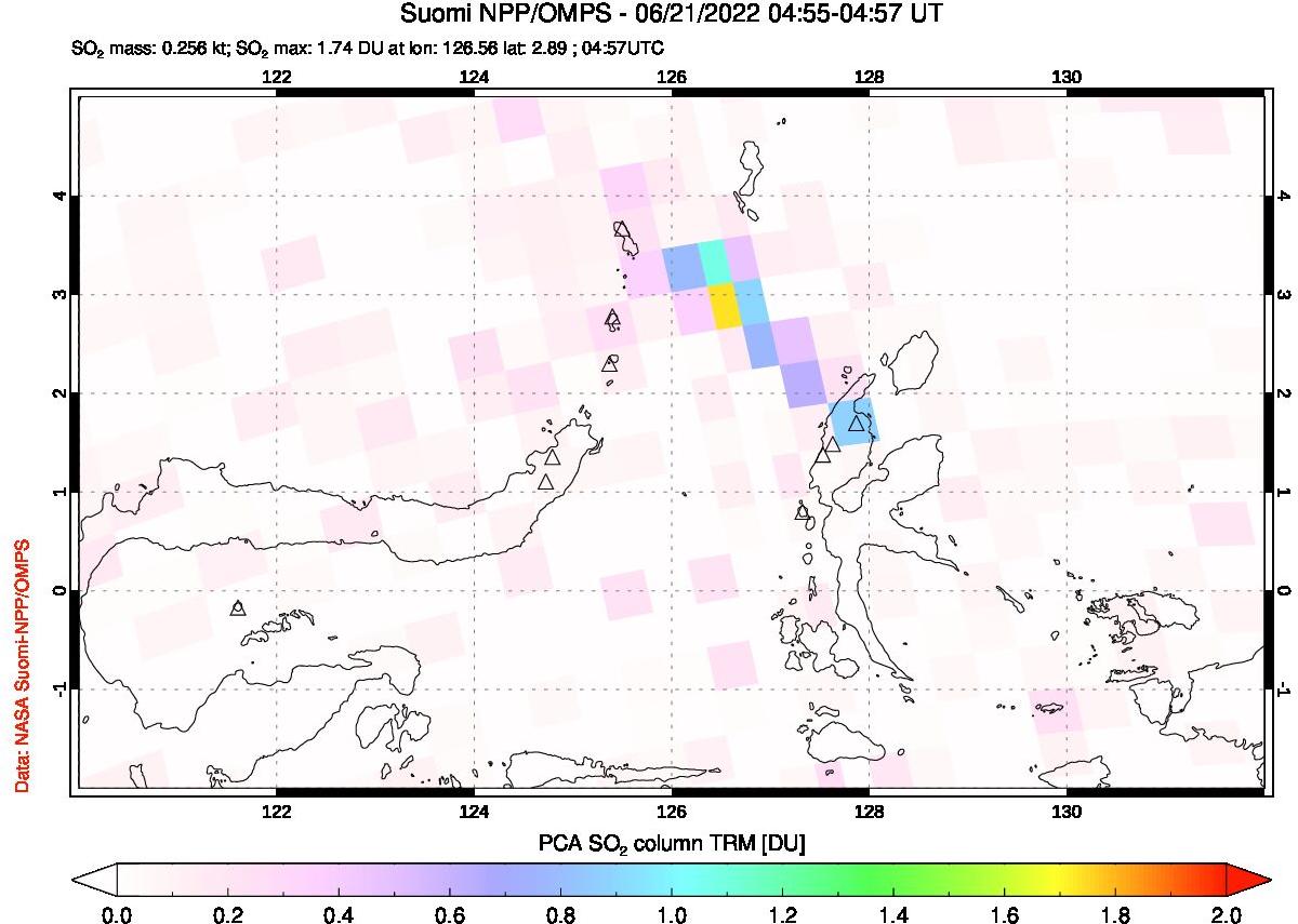 A sulfur dioxide image over Northern Sulawesi & Halmahera, Indonesia on Jun 21, 2022.
