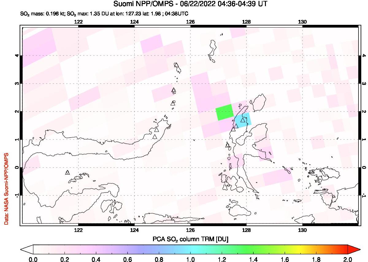 A sulfur dioxide image over Northern Sulawesi & Halmahera, Indonesia on Jun 22, 2022.