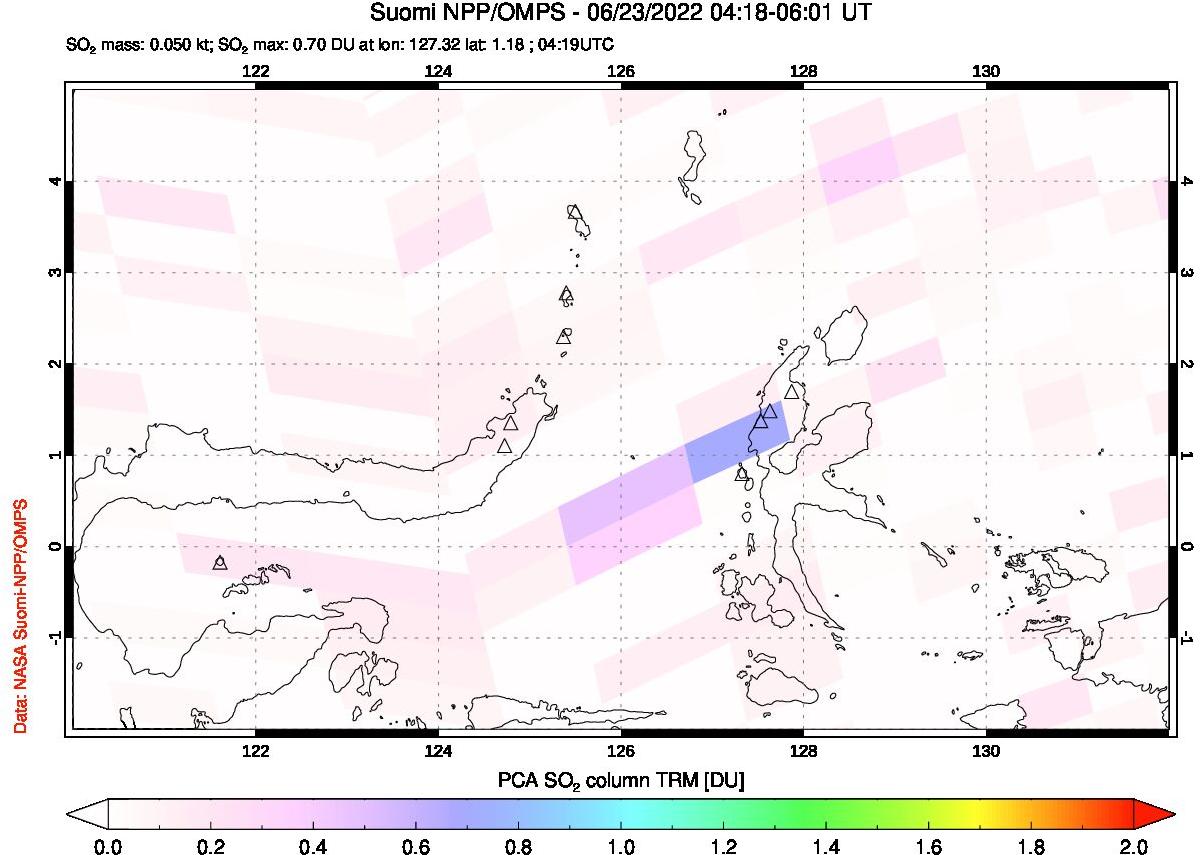 A sulfur dioxide image over Northern Sulawesi & Halmahera, Indonesia on Jun 23, 2022.