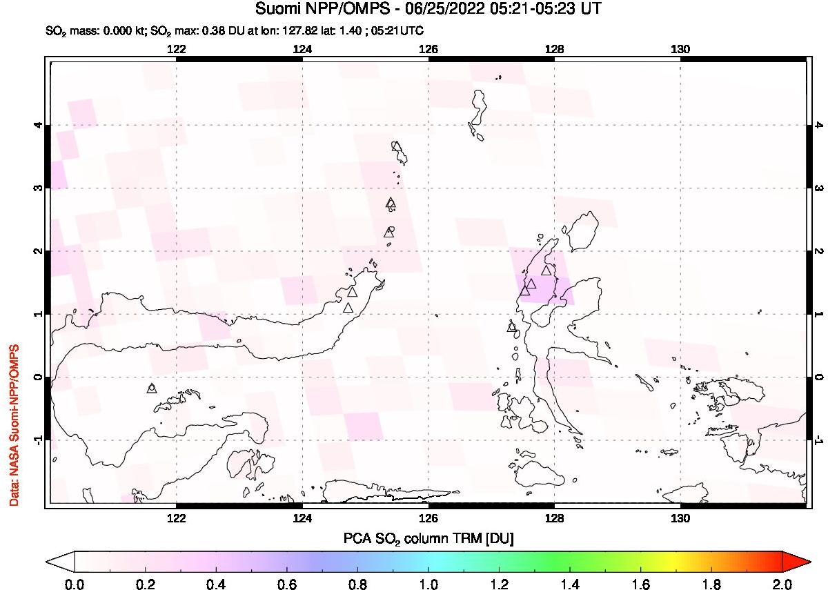 A sulfur dioxide image over Northern Sulawesi & Halmahera, Indonesia on Jun 25, 2022.