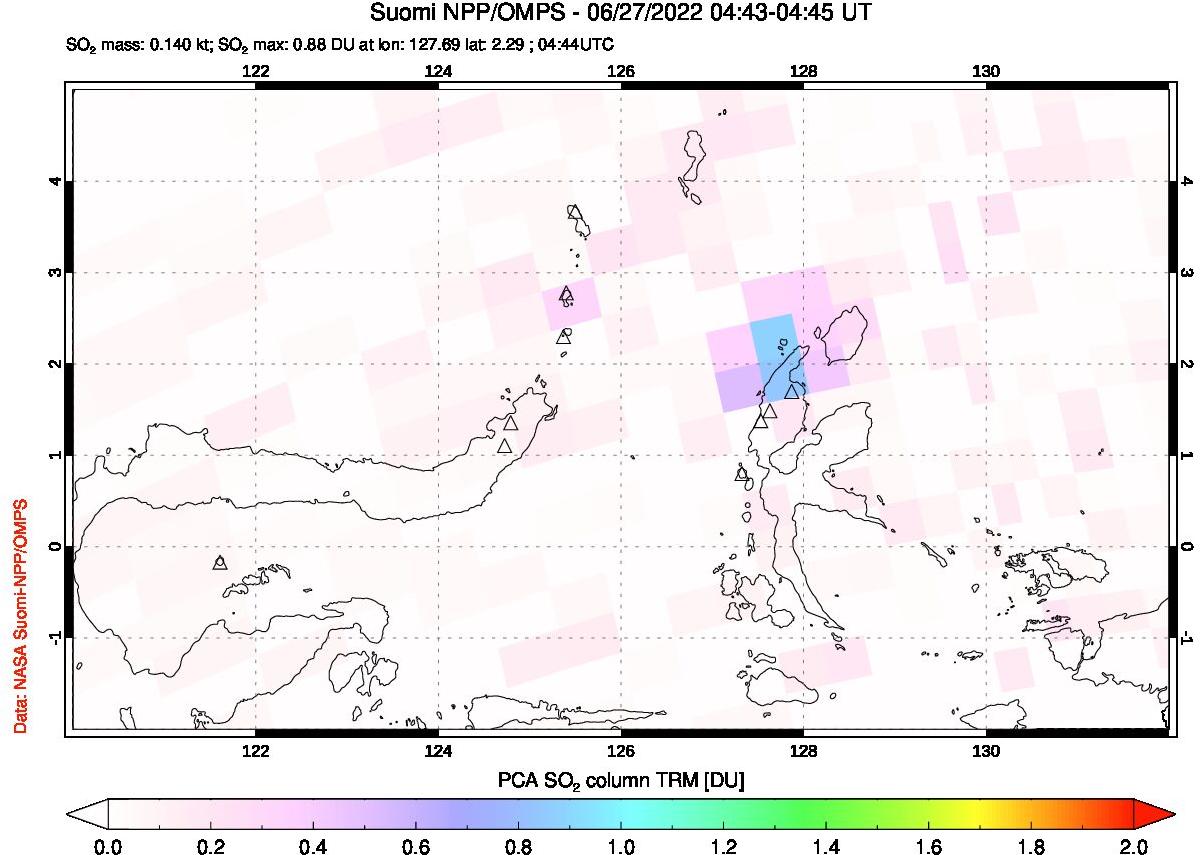 A sulfur dioxide image over Northern Sulawesi & Halmahera, Indonesia on Jun 27, 2022.