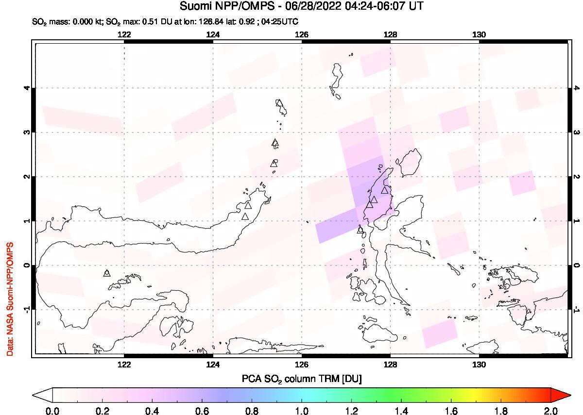 A sulfur dioxide image over Northern Sulawesi & Halmahera, Indonesia on Jun 28, 2022.