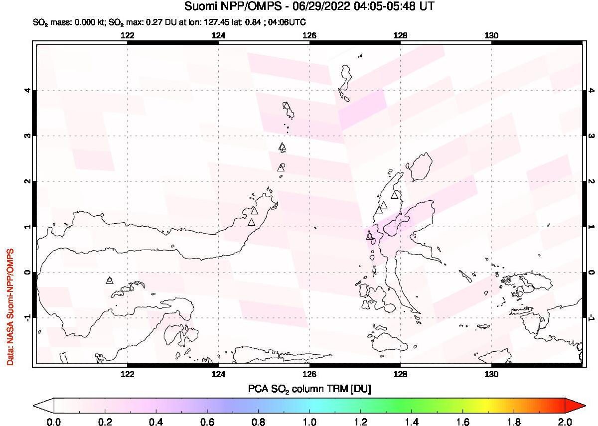 A sulfur dioxide image over Northern Sulawesi & Halmahera, Indonesia on Jun 29, 2022.