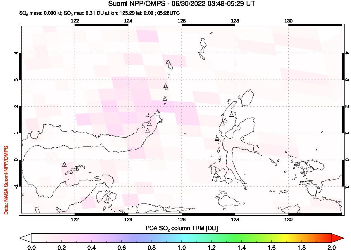 A sulfur dioxide image over Northern Sulawesi & Halmahera, Indonesia on Jun 30, 2022.