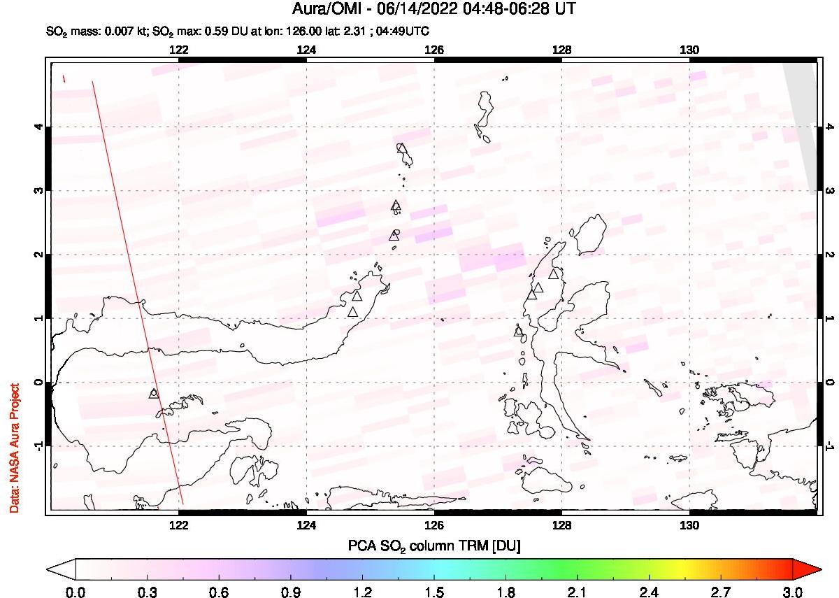 A sulfur dioxide image over Northern Sulawesi & Halmahera, Indonesia on Jun 14, 2022.