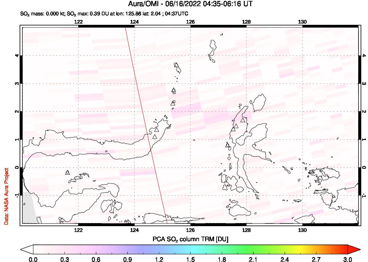 A sulfur dioxide image over Northern Sulawesi & Halmahera, Indonesia on Jun 16, 2022.