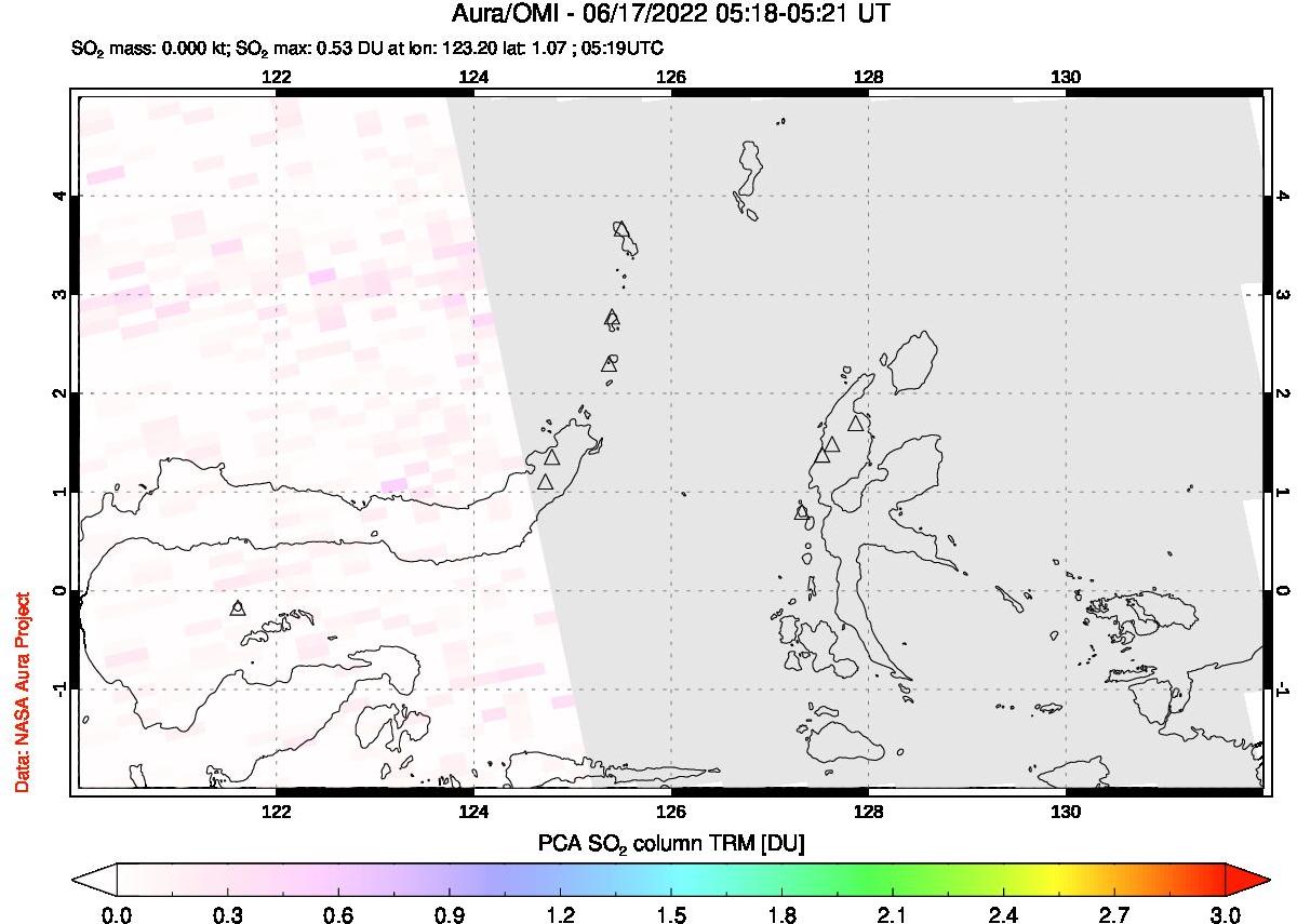 A sulfur dioxide image over Northern Sulawesi & Halmahera, Indonesia on Jun 17, 2022.