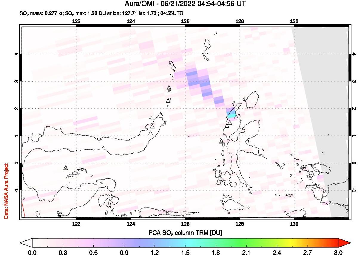 A sulfur dioxide image over Northern Sulawesi & Halmahera, Indonesia on Jun 21, 2022.