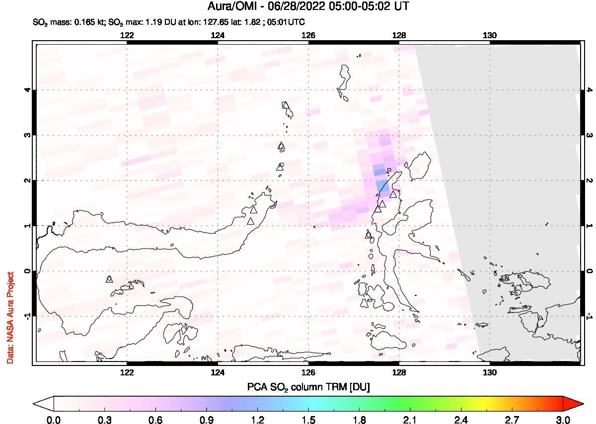 A sulfur dioxide image over Northern Sulawesi & Halmahera, Indonesia on Jun 28, 2022.