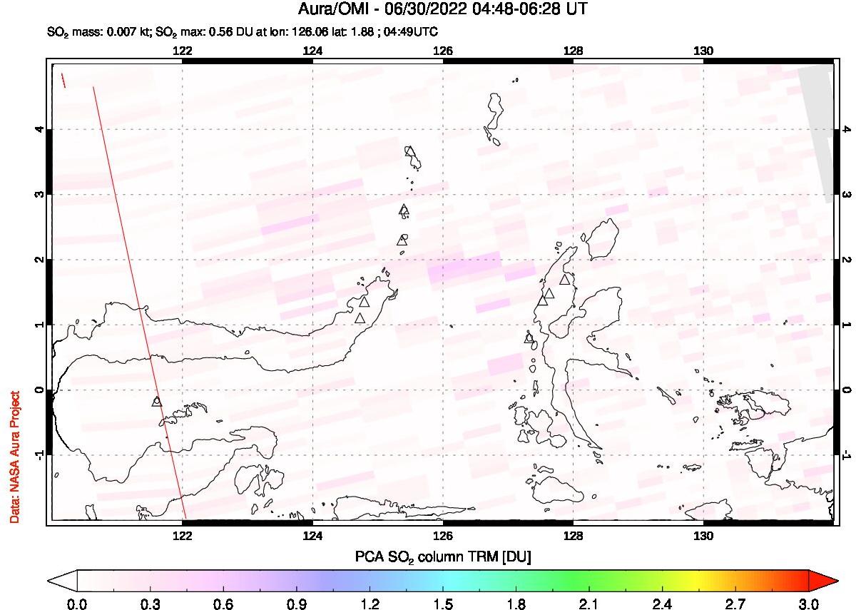 A sulfur dioxide image over Northern Sulawesi & Halmahera, Indonesia on Jun 30, 2022.