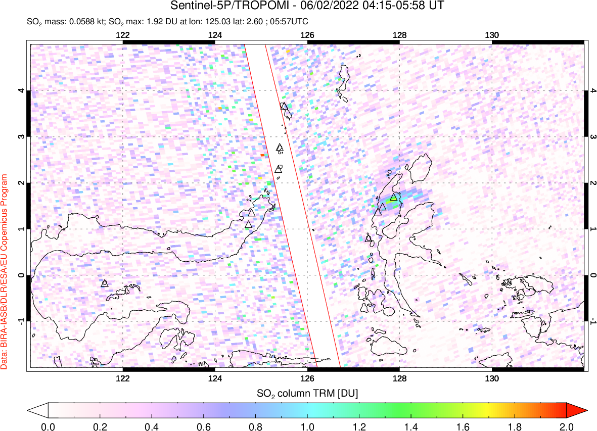 A sulfur dioxide image over Northern Sulawesi & Halmahera, Indonesia on Jun 02, 2022.