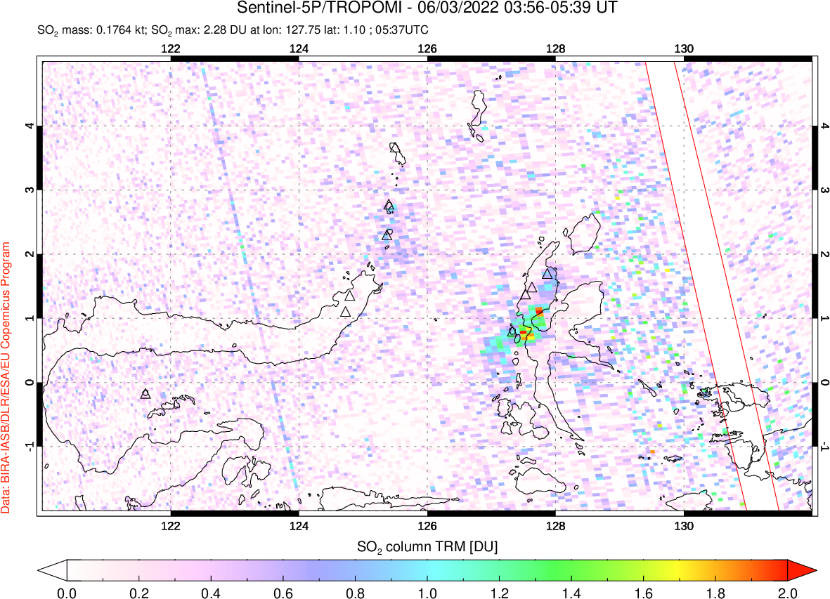 A sulfur dioxide image over Northern Sulawesi & Halmahera, Indonesia on Jun 03, 2022.