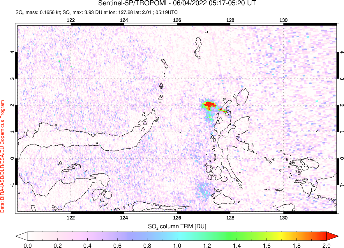 A sulfur dioxide image over Northern Sulawesi & Halmahera, Indonesia on Jun 04, 2022.