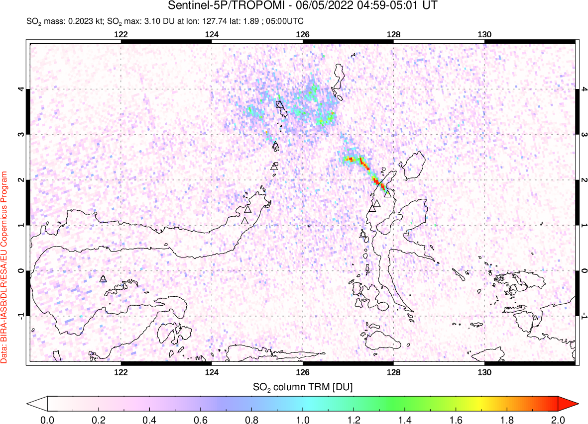 A sulfur dioxide image over Northern Sulawesi & Halmahera, Indonesia on Jun 05, 2022.