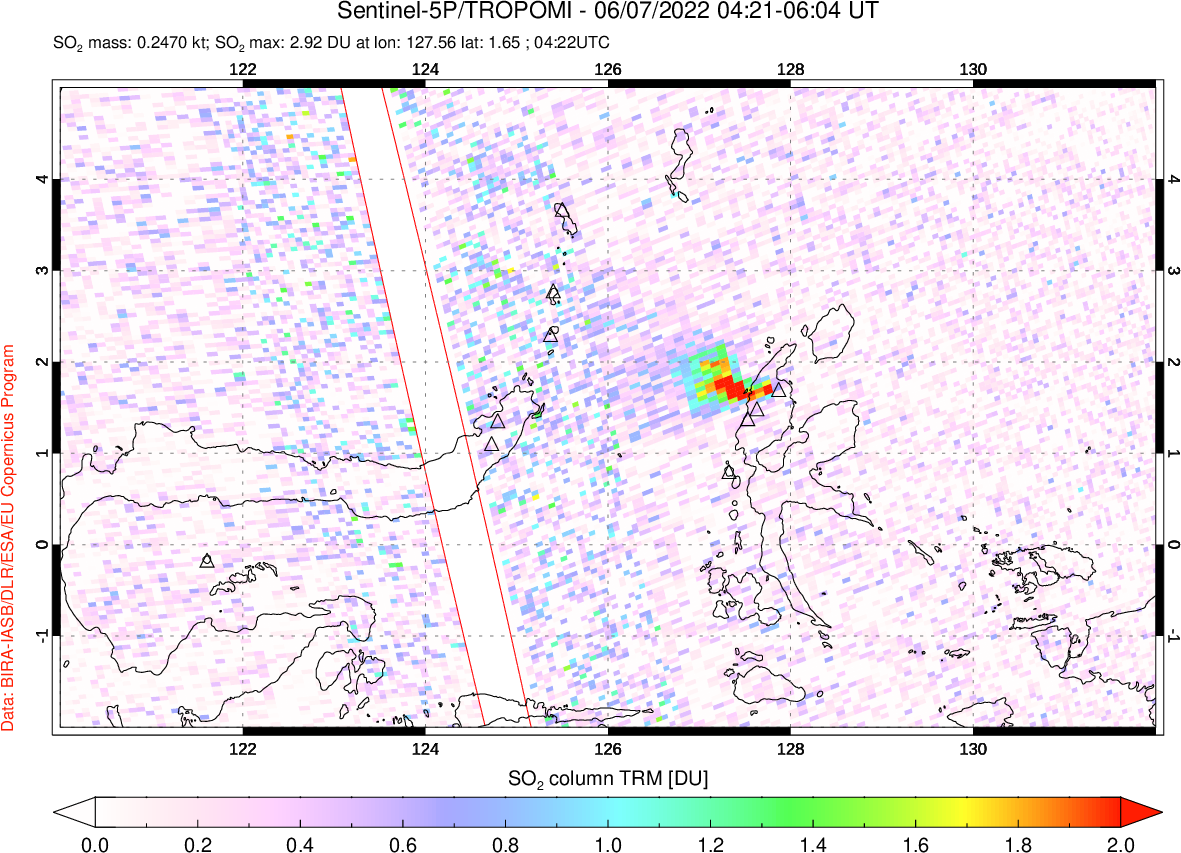 A sulfur dioxide image over Northern Sulawesi & Halmahera, Indonesia on Jun 07, 2022.