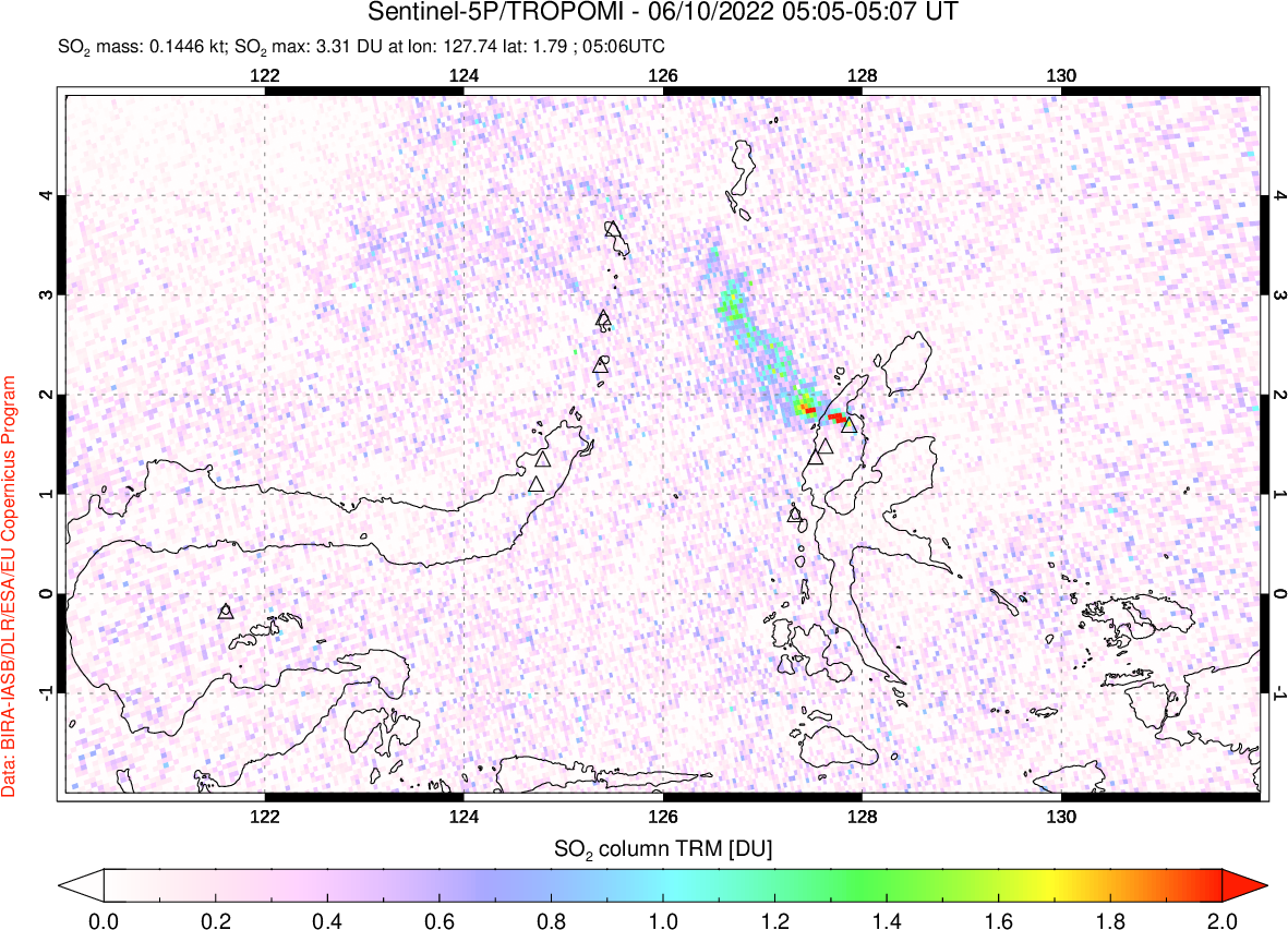 A sulfur dioxide image over Northern Sulawesi & Halmahera, Indonesia on Jun 10, 2022.