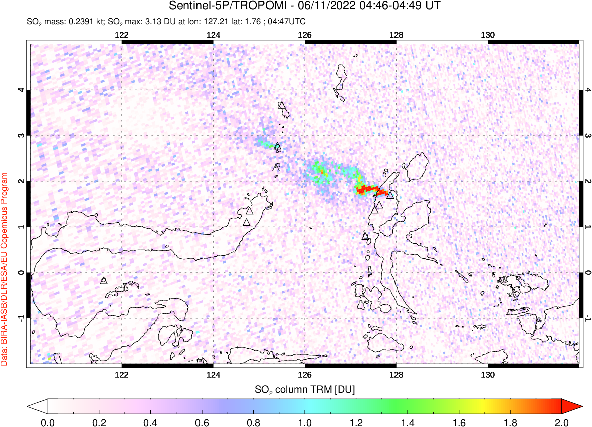 A sulfur dioxide image over Northern Sulawesi & Halmahera, Indonesia on Jun 11, 2022.