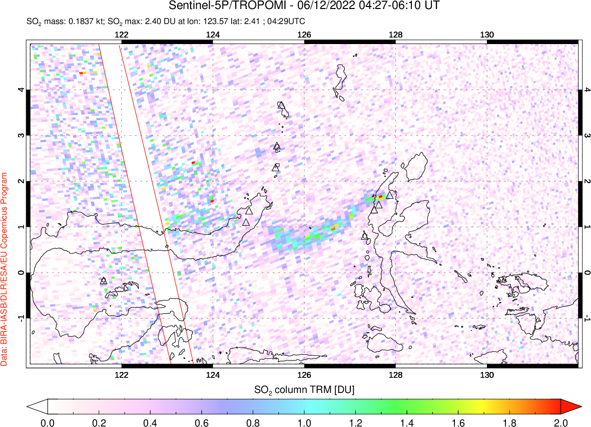 A sulfur dioxide image over Northern Sulawesi & Halmahera, Indonesia on Jun 12, 2022.