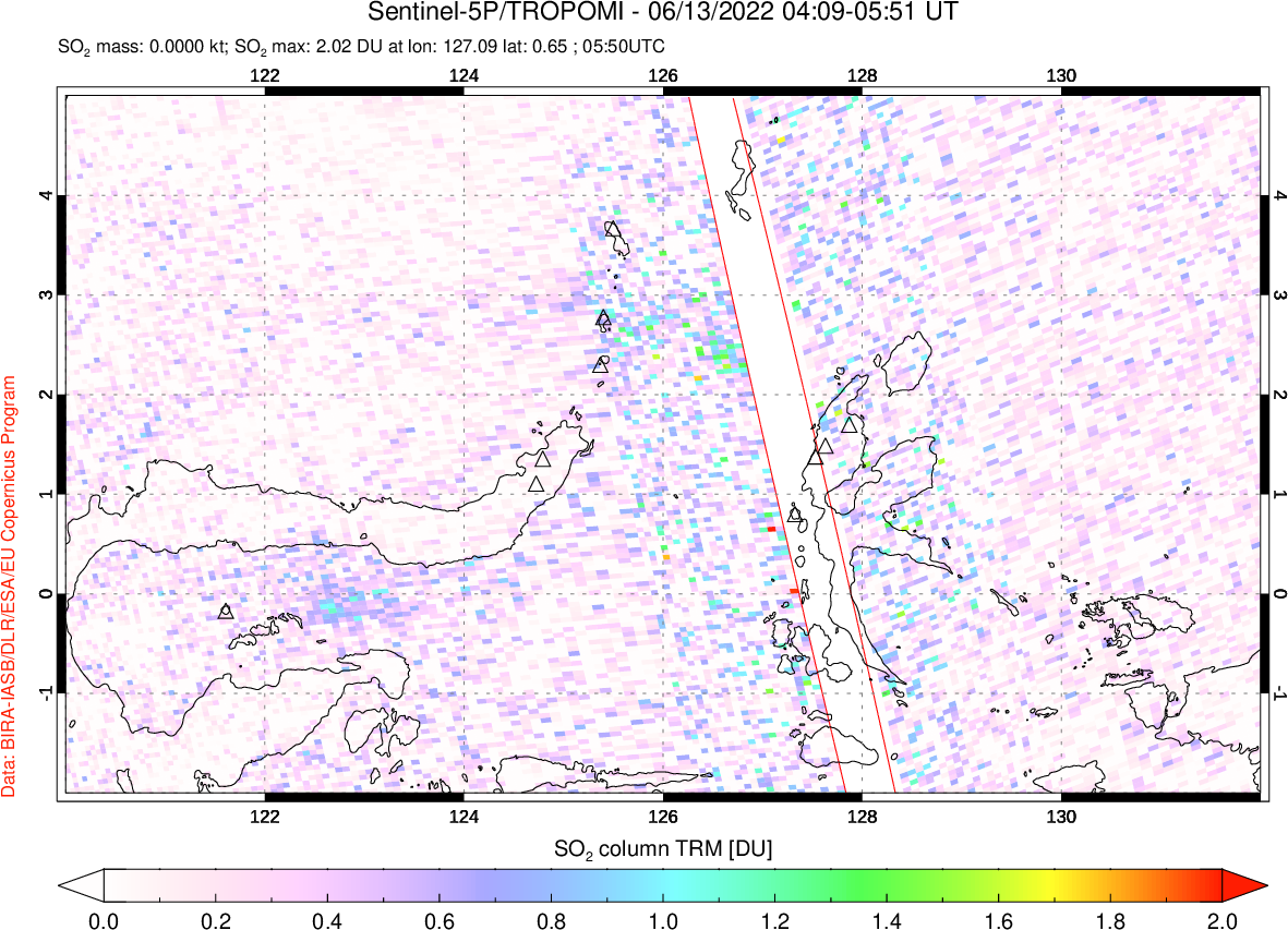 A sulfur dioxide image over Northern Sulawesi & Halmahera, Indonesia on Jun 13, 2022.