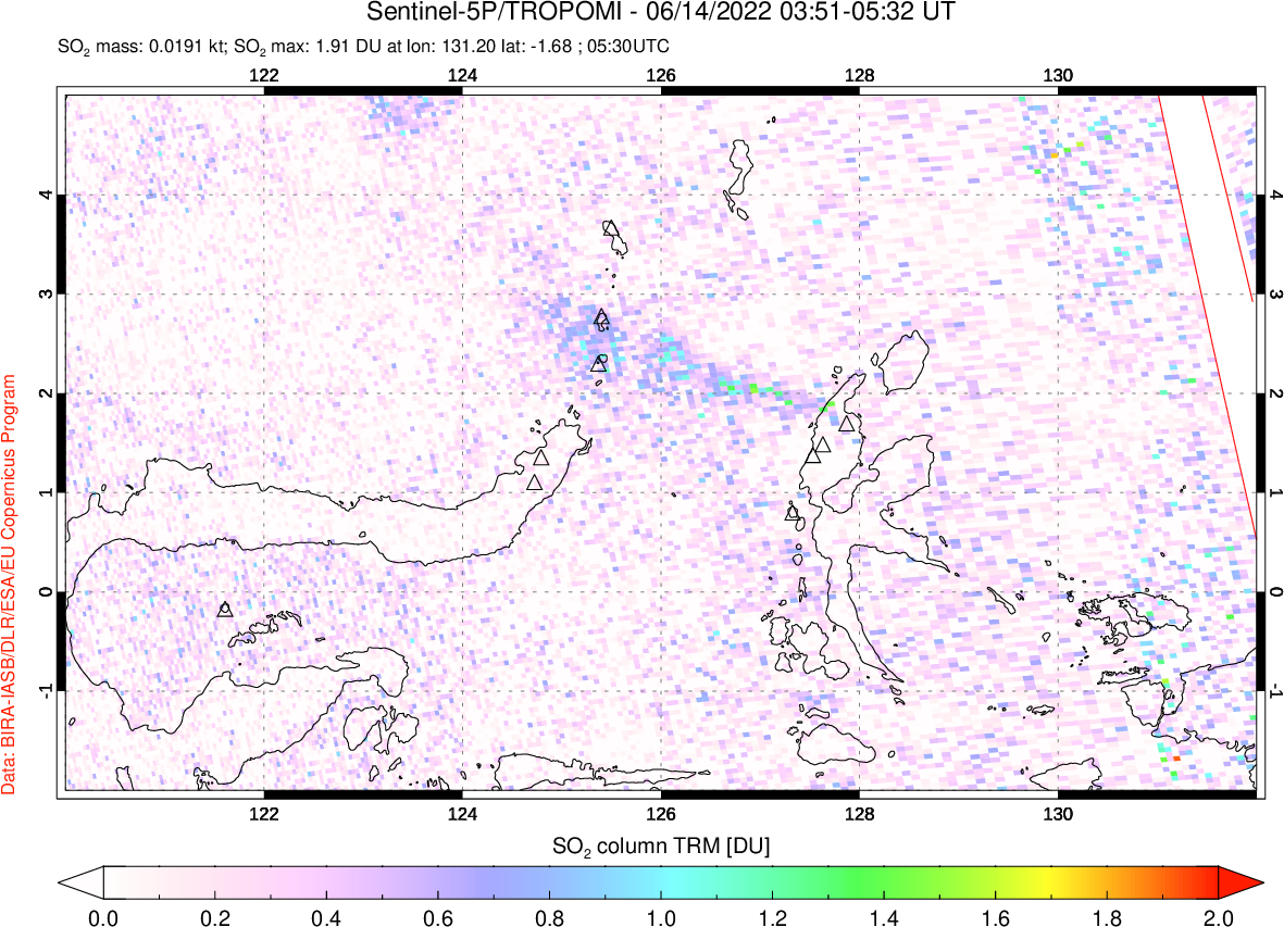 A sulfur dioxide image over Northern Sulawesi & Halmahera, Indonesia on Jun 14, 2022.