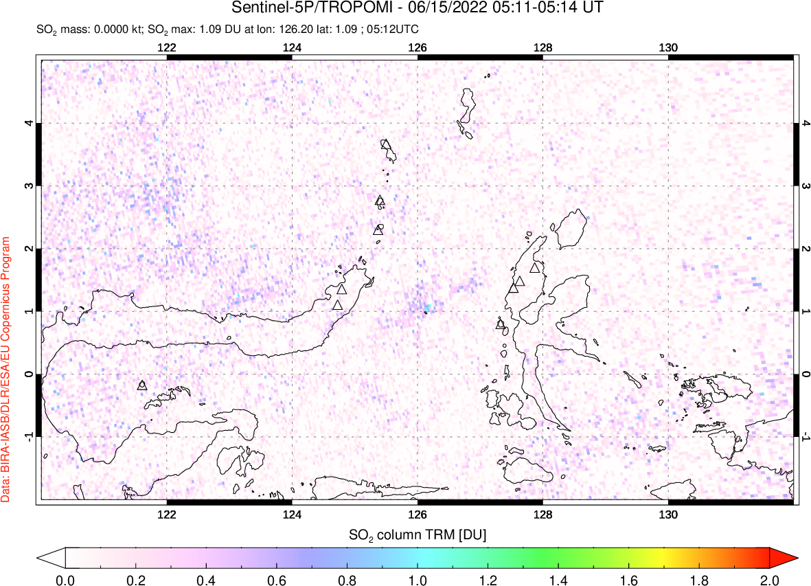 A sulfur dioxide image over Northern Sulawesi & Halmahera, Indonesia on Jun 15, 2022.