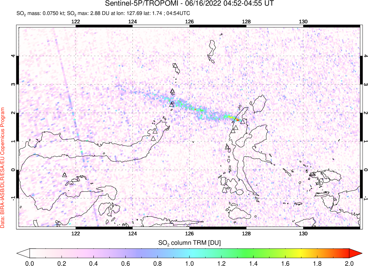 A sulfur dioxide image over Northern Sulawesi & Halmahera, Indonesia on Jun 16, 2022.