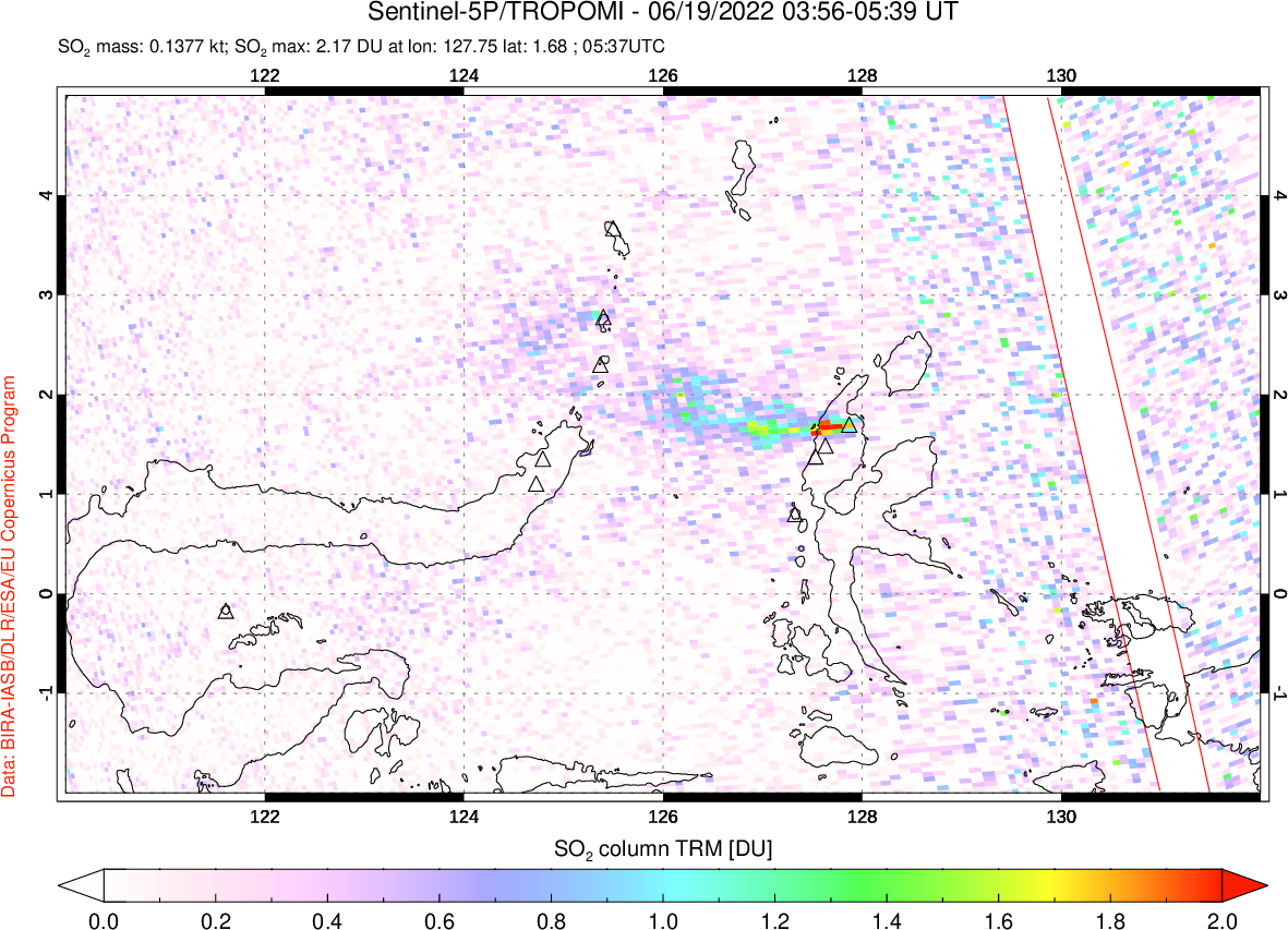 A sulfur dioxide image over Northern Sulawesi & Halmahera, Indonesia on Jun 19, 2022.
