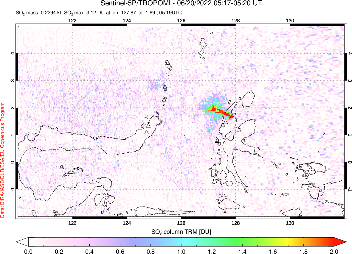 A sulfur dioxide image over Northern Sulawesi & Halmahera, Indonesia on Jun 20, 2022.