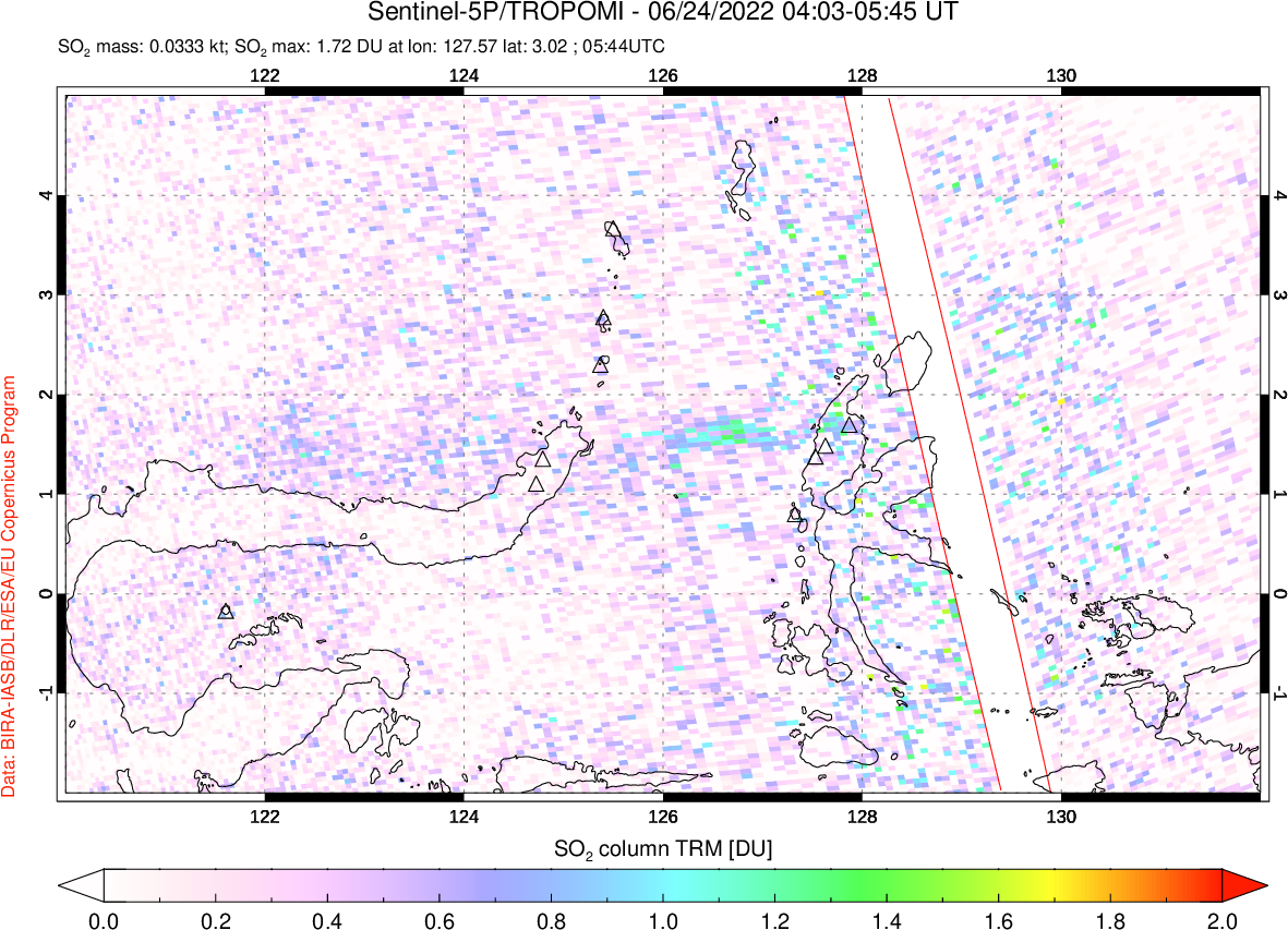 A sulfur dioxide image over Northern Sulawesi & Halmahera, Indonesia on Jun 24, 2022.