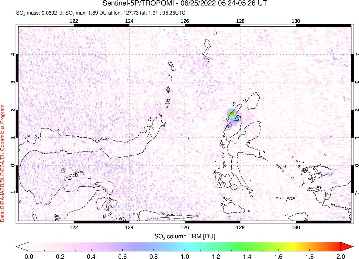 A sulfur dioxide image over Northern Sulawesi & Halmahera, Indonesia on Jun 25, 2022.