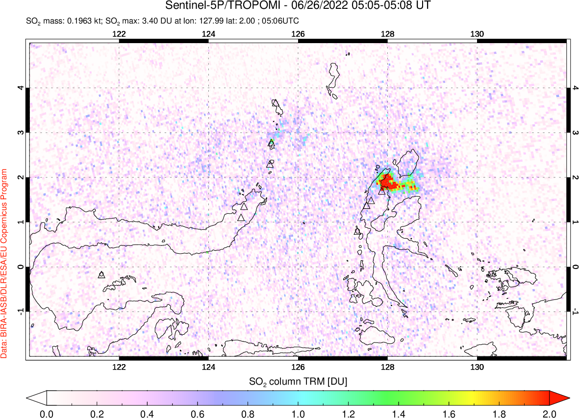 A sulfur dioxide image over Northern Sulawesi & Halmahera, Indonesia on Jun 26, 2022.