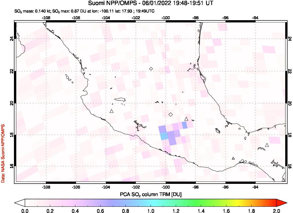 A sulfur dioxide image over Mexico on Jun 01, 2022.