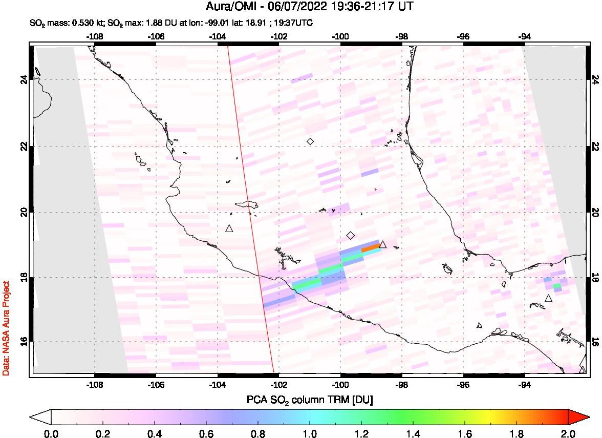 A sulfur dioxide image over Mexico on Jun 07, 2022.
